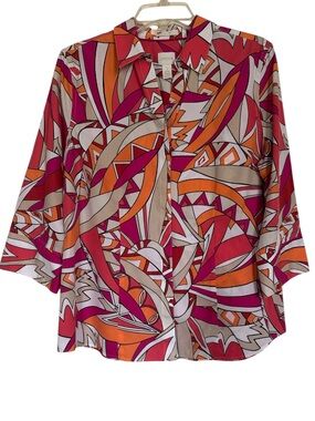 CHICO'S Abstract 3/4 Sleeve Orange Pink White Button No Iron Shirt Size 2 (US12)